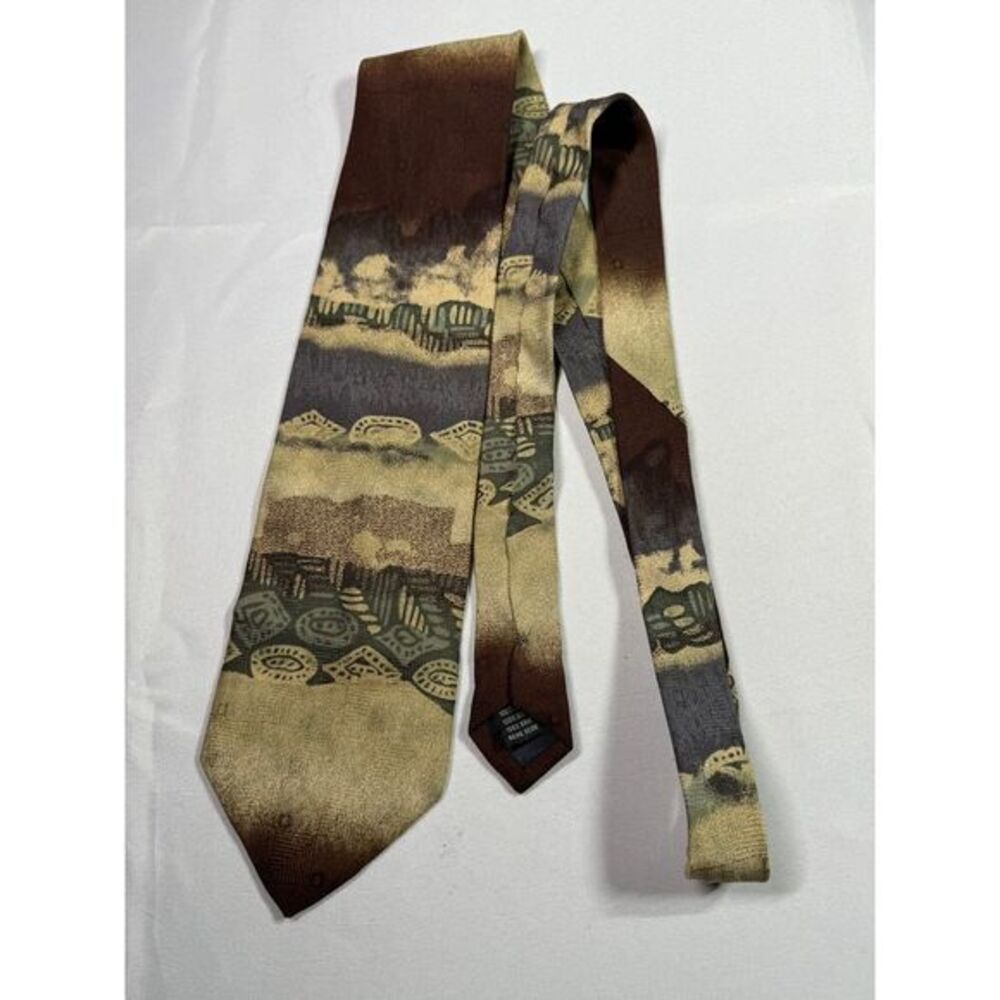 Biella Men's Abstract Geometric Pattern Silk Tie Brown Gold Green Necktie